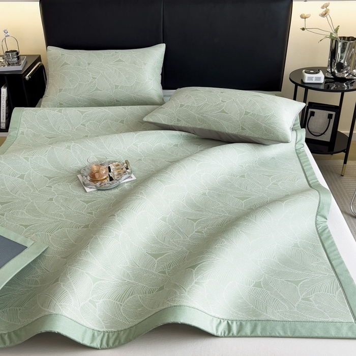 91家纺网 家纺一手货源 找家纺 慕尚家纺 2025春夏新款凉感冰丝提花凉席三件套 提花席 树叶绿