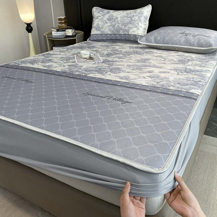 91家纺网 家纺一手货源 找家纺 2025新款印花冰丝凉席反面无纺布 冰丝-床笠款-花海