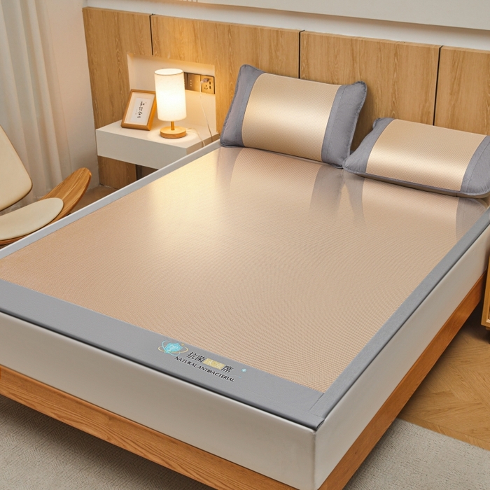 91家纺网 家纺一手货源 找家纺 阿亮家居 2025新款冰藤席凉席三件套包边抗菌刺绣款冰藤凉席 咖色-床席款