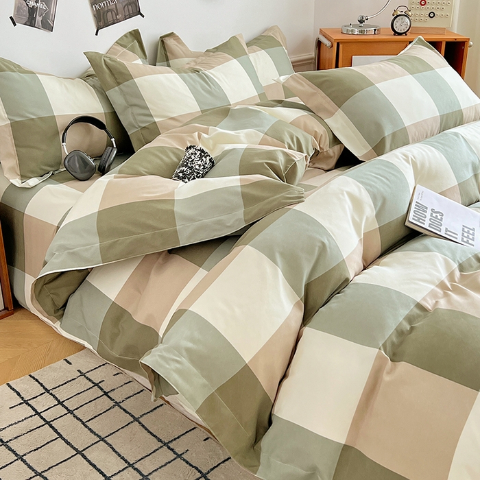 91家纺网 家纺一手货源 找家纺 罗菲尼酒店用品 2025新款磨毛亲肤飞边款四件套 简约绿格