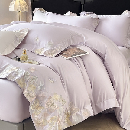 春夏A类长绒棉夹棉床盖床笠四件套全棉纯棉纯色绗绣四季款保护罩高级感床上用品 茉婉-黛紫