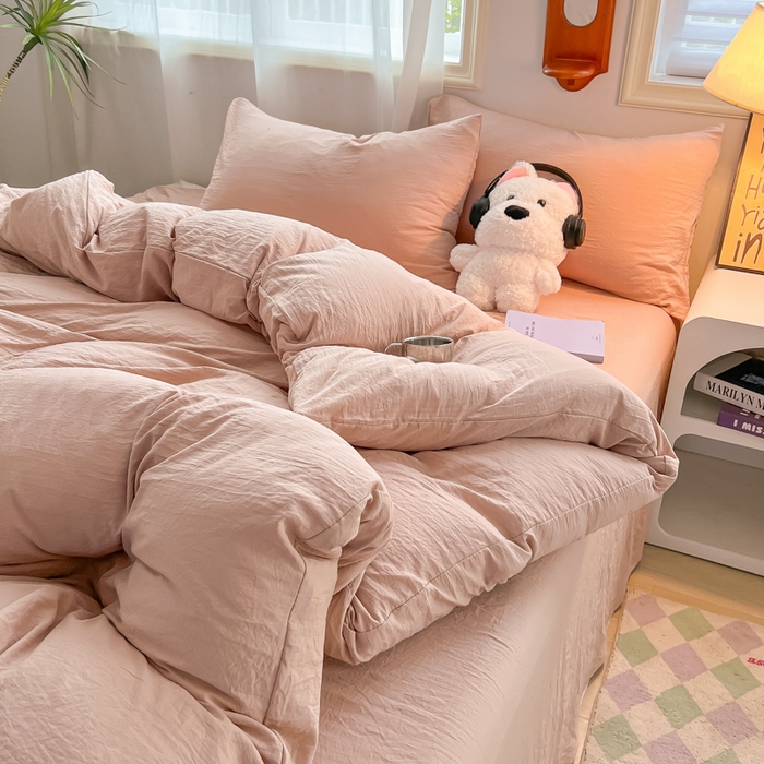 91家纺网 家纺一手货源 找家纺 韩巢家纺 2025新款ins日式风超柔水洗棉四件套 -纯色（提供卖家秀） 水洗棉奶咖