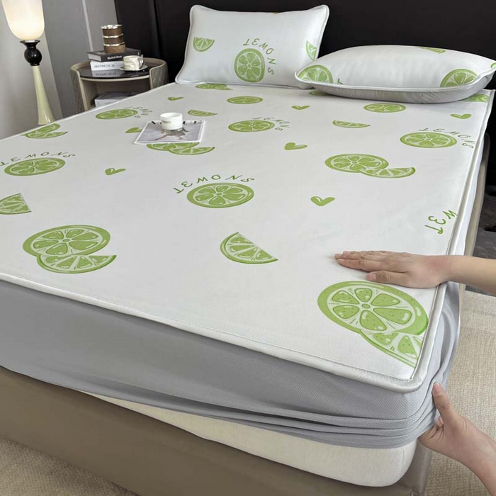 91家纺网 家纺一手货源 找家纺 2025新款印花冰丝凉席反面无纺布 冰丝-床笠款-青柠檬