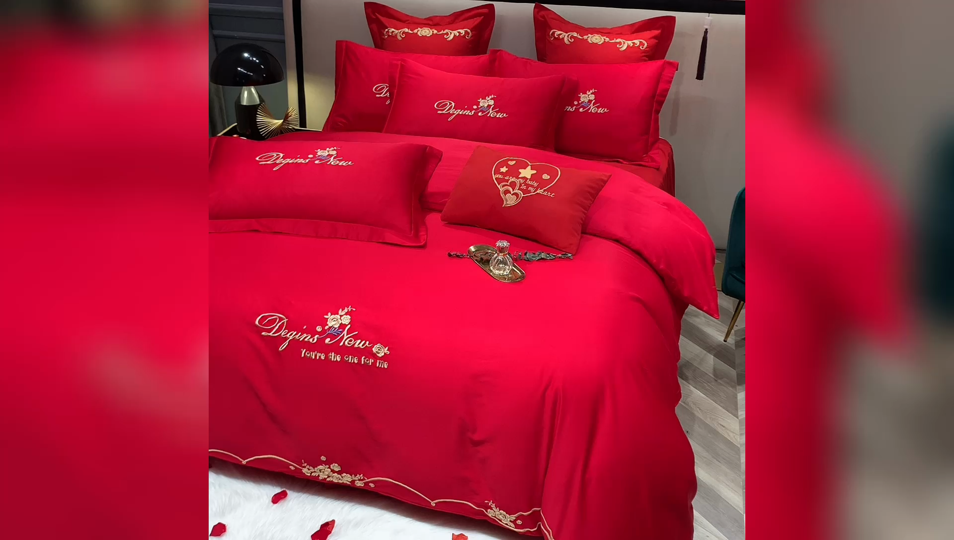 91家纺网 家纺一手货源 找家纺 慕她家纺 慕她婚庆四件套大红色磨毛亲肤棉刺绣结婚工艺款床上用品 玫瑰情缘