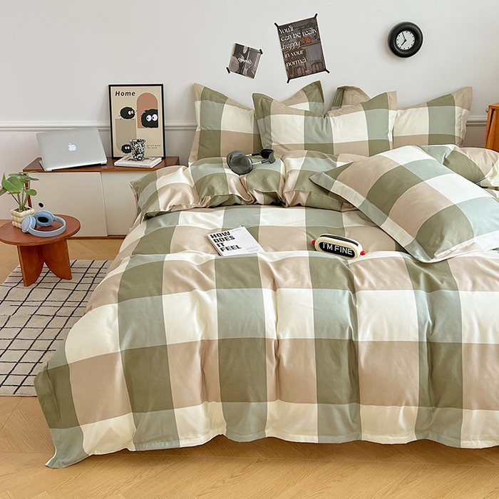 91家纺网 家纺一手货源 找家纺 罗菲尼酒店用品 2025新款磨毛亲肤飞边款四件套 简约绿格