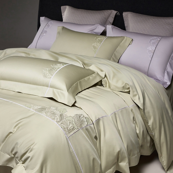 91家纺网 家纺一手货源 找家纺 榻尚家居 2025新款120支贡缎长绒棉绣花四件套-花漾系列 花漾-绿