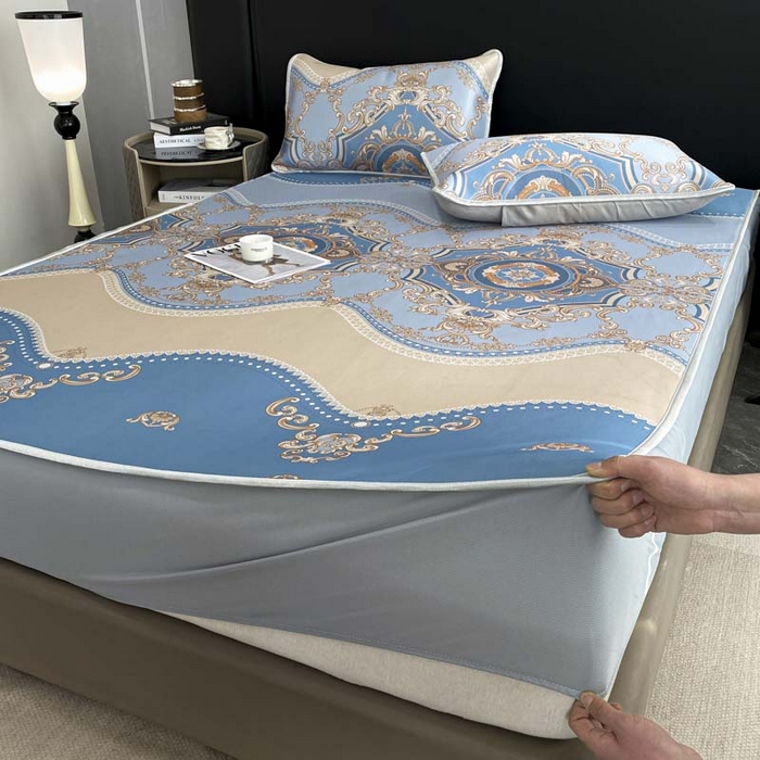 91家纺网 家纺一手货源 找家纺 2025新款印花冰丝凉席反面无纺布 冰丝-床笠款-雅典蓝