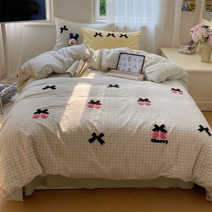 北欧良品 2025新款A类色织水洗棉毛巾绣蝴蝶结少女系列单被套 蝴蝶结-奶油格绿+绿黄