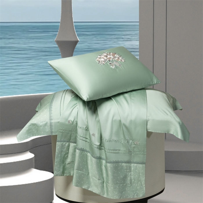 91家纺网 家纺一手货源 找家纺 高大尚婚庆馆 2025新款高端绣花四件套-艾莎 艾莎-油果绿