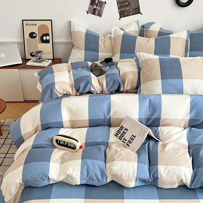 91家纺网 家纺一手货源 找家纺 罗菲尼酒店用品 2025新款磨毛亲肤飞边款四件套 蓝白大格