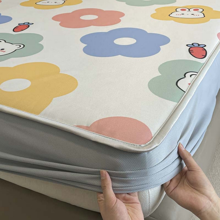 91家纺网 家纺一手货源 找家纺 2025新款印花冰丝凉席反面无纺布 冰丝-床笠款-向阳花