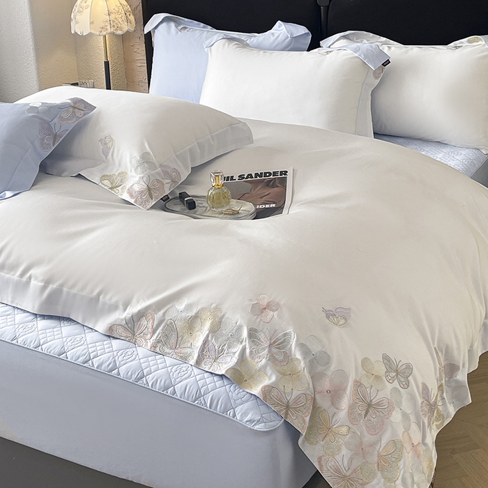 91家纺网 家纺一手货源 找家纺 直播爆款A类100支长绒棉夹棉床盖床笠四件套全棉纯棉床单加厚高端重工刺绣四季款床上用品 茉婉-白蓝