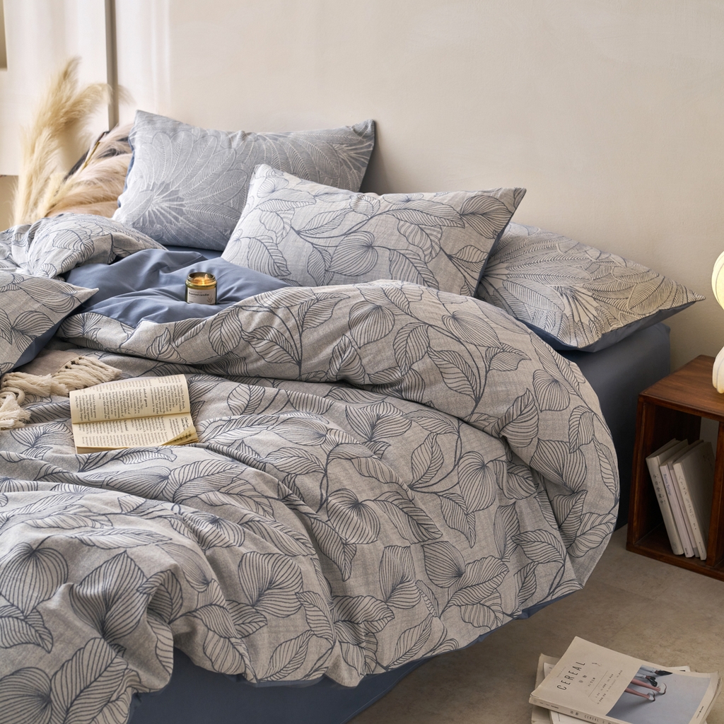 91家纺网 家纺一手货源 找家纺 金丝鸟2025新款全棉纯棉三层纱提花四件套 小叶雨林 兰