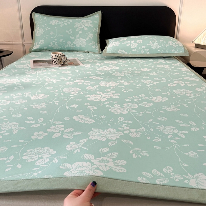 91家纺网 家纺一手货源 找家纺 慕尚家纺 2025春夏新款凉感冰丝提花凉席三件套 花语 绿