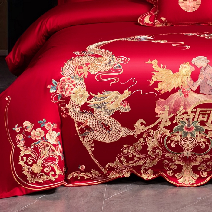 91家纺网 家纺一手货源 找家纺 慕她家纺 慕她婚庆四件套大红色磨毛亲肤棉刺绣结婚工艺款床上用品 幸福永驻