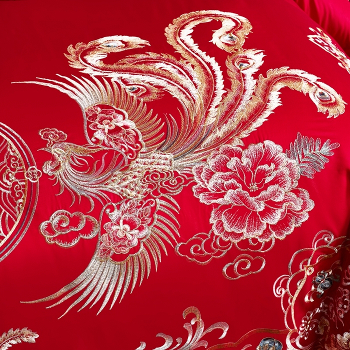 91家纺网 家纺一手货源 找家纺 慕她家纺 慕她婚庆四件套大红色磨毛亲肤棉刺绣结婚工艺款床上用品 幸福龙凤