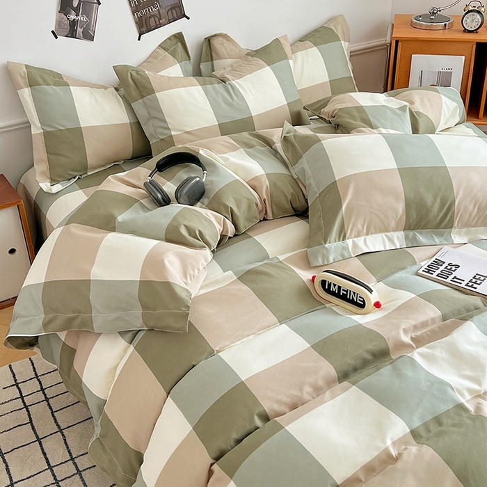 91家纺网 家纺一手货源 找家纺 罗菲尼酒店用品 2025新款磨毛亲肤飞边款四件套 简约绿格