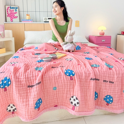 棠薇家纺 2025新款全棉六层皱皱纱婴幼毯泡泡纱印花盖毯包被浴巾 彩蘑菇