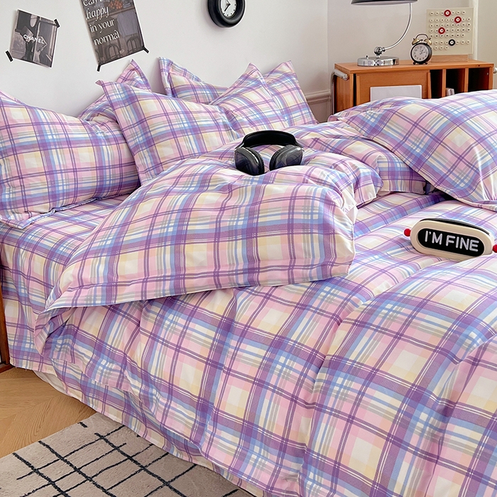 91家纺网 家纺一手货源 找家纺 罗菲尼酒店用品 2025新款磨毛亲肤飞边款四件套 炫丽彩格