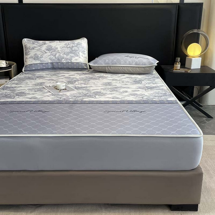 91家纺网 家纺一手货源 找家纺 2025新款印花冰丝凉席反面无纺布 冰丝-床笠款-花海