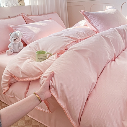 91家纺网 家纺一手货源 找家纺 豪美鑫 2025新款亲肤棉华夫格四件套 华夫格-蜜桃粉