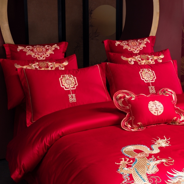 91家纺网 家纺一手货源 找家纺 慕她家纺 慕她婚庆四件套大红色磨毛亲肤棉刺绣结婚工艺款床上用品 挚恋龙凤
