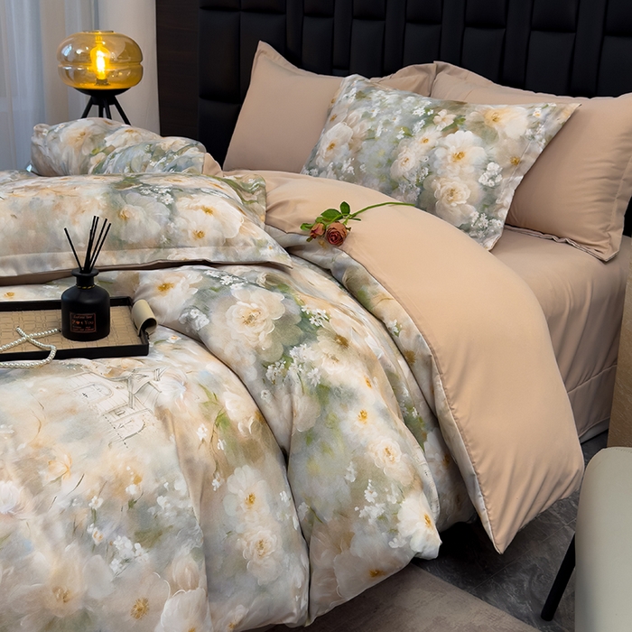 91家纺网 家纺一手货源 找家纺 竹合 2025新款数码印花轻奢凉感四件套 虞美人咖