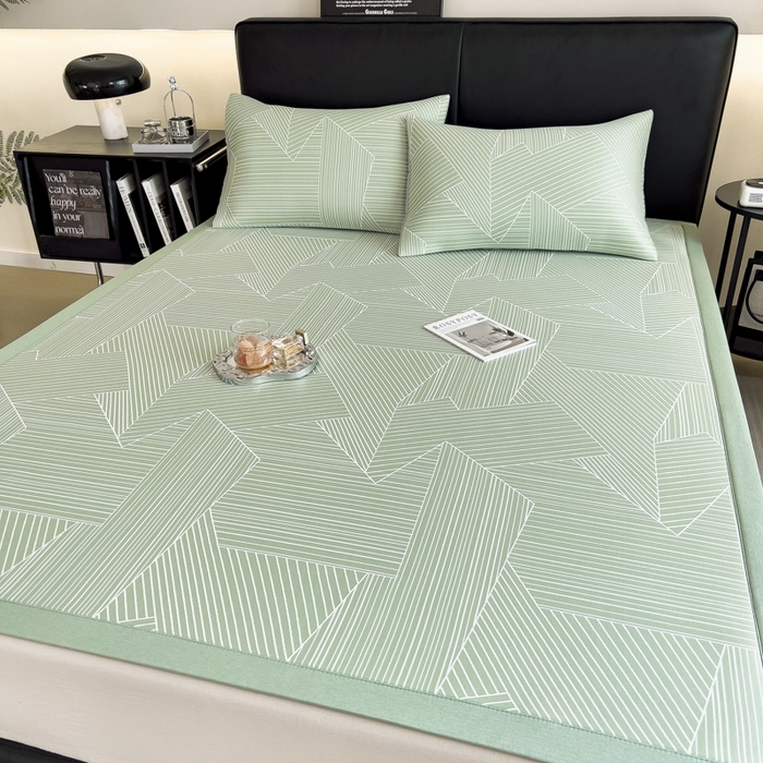 91家纺网 家纺一手货源 找家纺 慕尚家纺 2025春夏新款凉感冰丝提花凉席三件套 提花席 直线绿