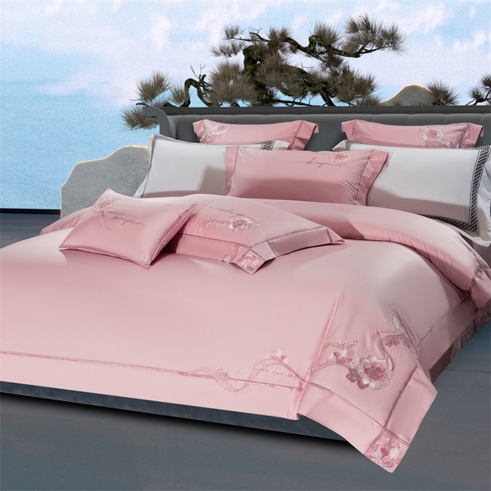 91家纺网 家纺一手货源 找家纺 高大尚婚庆馆 2025新款长绒棉高端绣花四件套-罗曼蒂 罗曼蒂落樱粉