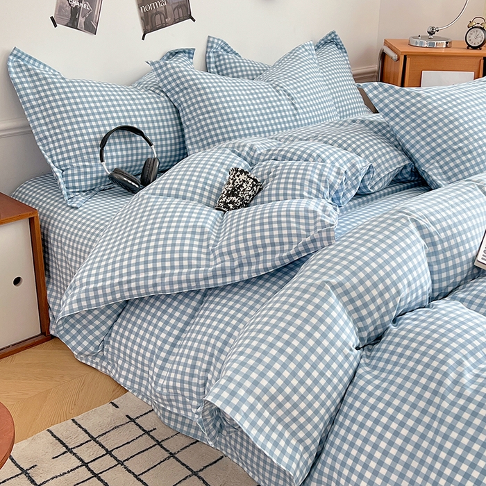 91家纺网 家纺一手货源 找家纺 罗菲尼酒店用品 2025新款磨毛亲肤飞边款四件套 蓝小格