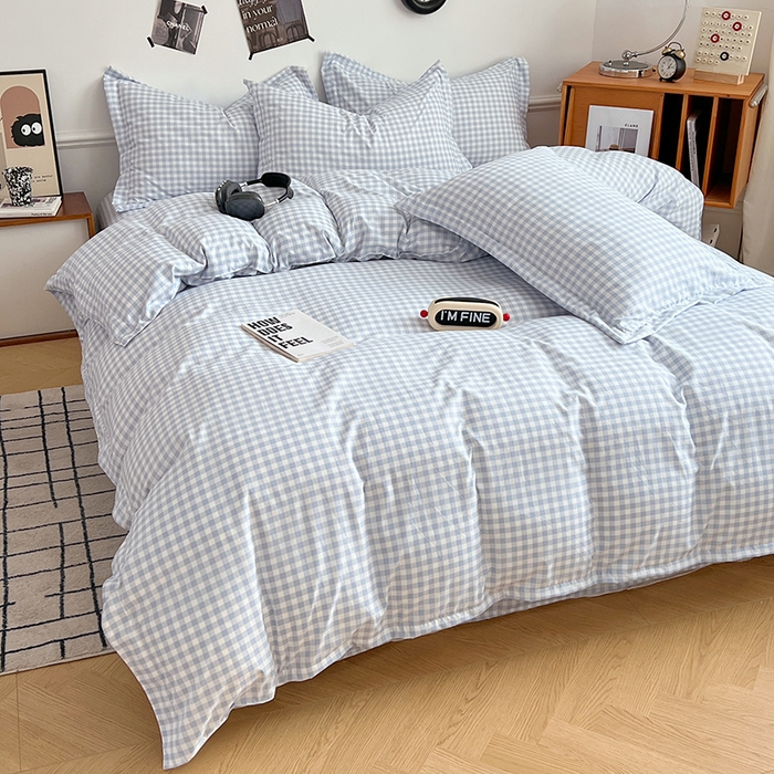 91家纺网 家纺一手货源 找家纺 罗菲尼酒店用品 2025新款磨毛亲肤飞边款四件套 蓝白小格