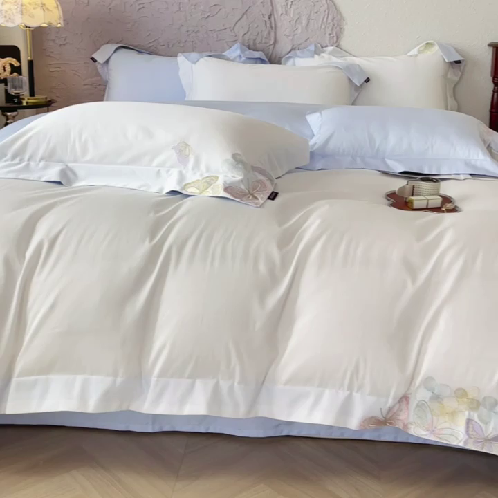 91家纺网 家纺一手货源 找家纺 直播爆款A类100支长绒棉夹棉床盖床笠四件套全棉纯棉床单加厚高端重工刺绣四季款床上用品 茉婉-白蓝