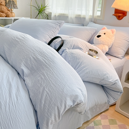 91家纺网 家纺一手货源 找家纺 韩巢家纺 2025新款ins日式风超柔水洗棉四件套 -纯色（提供卖家秀） 水洗棉浅蓝