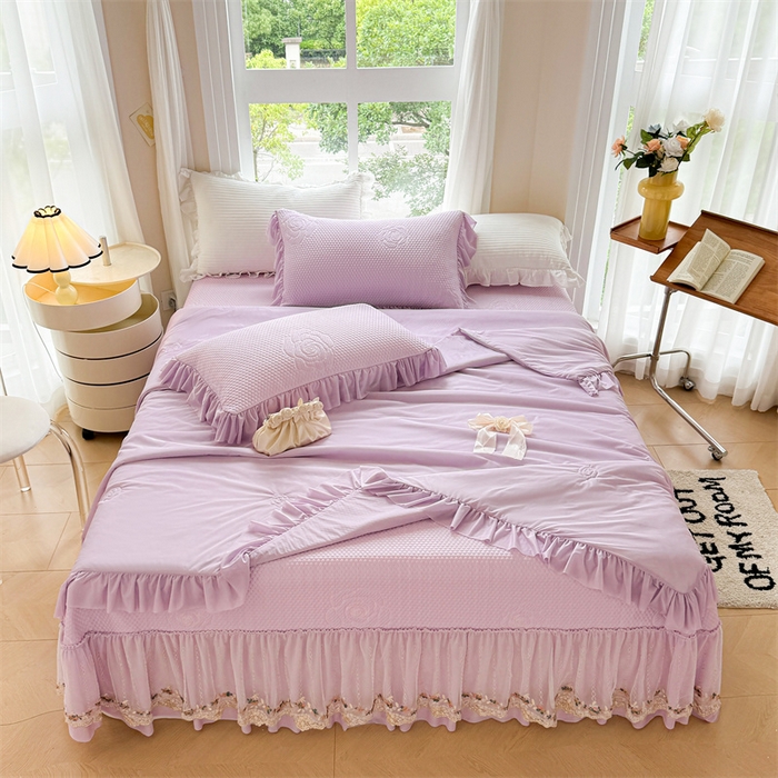 91家纺网 家纺一手货源 找家纺 恒爱家纺 2025新款冰丝国色天香夏被床盖四件套 优雅紫