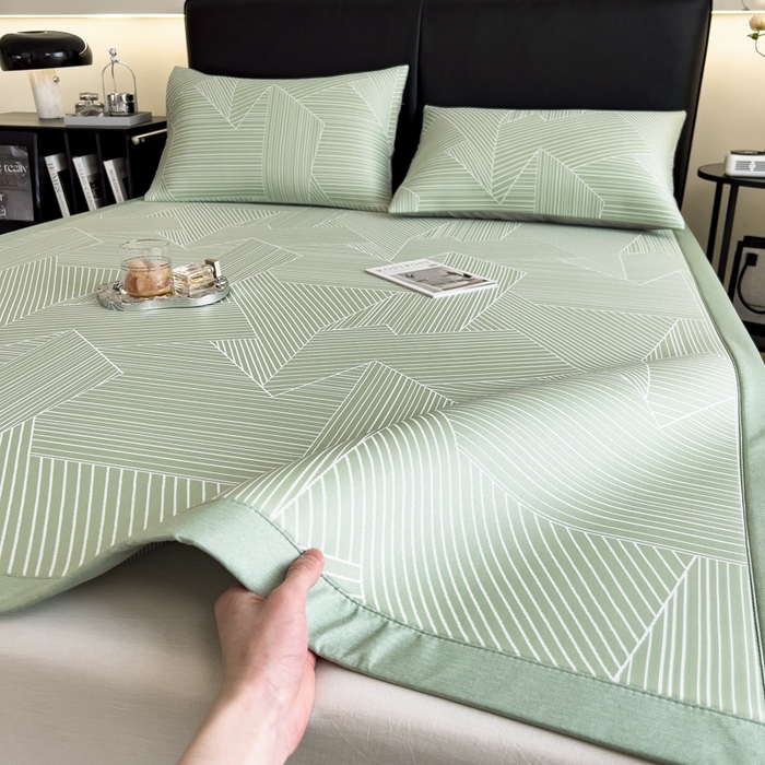 91家纺网 家纺一手货源 找家纺 慕尚家纺 2025春夏新款凉感冰丝提花凉席三件套 提花席 直线绿