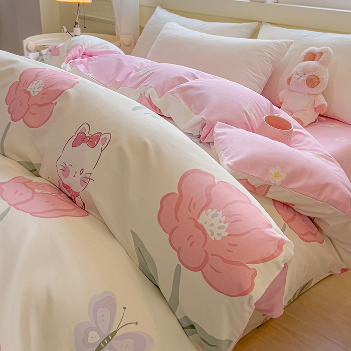 91家纺网 家纺一手货源 找家纺 拾物记 2025新款A类无荧光全喷气全棉12868单被套 花欣猫趣-粉