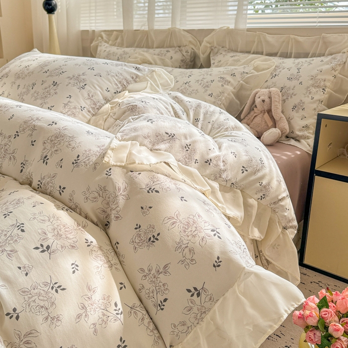 91家纺网 家纺一手货源 找家纺 芯贝儿 2025新款提花针织水洗m双层纱床盖四件套 漫塔玫瑰