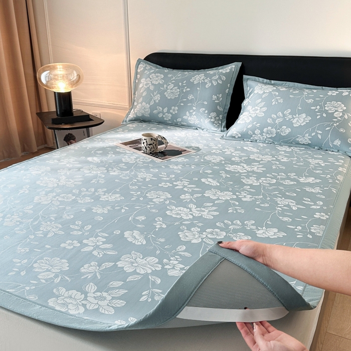 91家纺网 家纺一手货源 找家纺 慕尚家纺 2025春夏新款凉感冰丝提花凉席三件套 花语 蓝