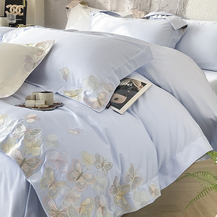 91家纺网 家纺一手货源 找家纺 春夏A类长绒棉夹棉床盖床笠四件套全棉纯棉纯色绗绣四季款保护罩高级感床上用品 茉婉-慕蓝