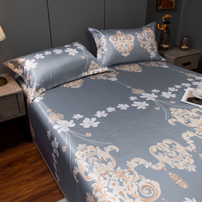 91家纺网 家纺一手货源 找家纺 柏薇 2025新款冰丝床单款凉席三件套系列 落英缤纷-灰