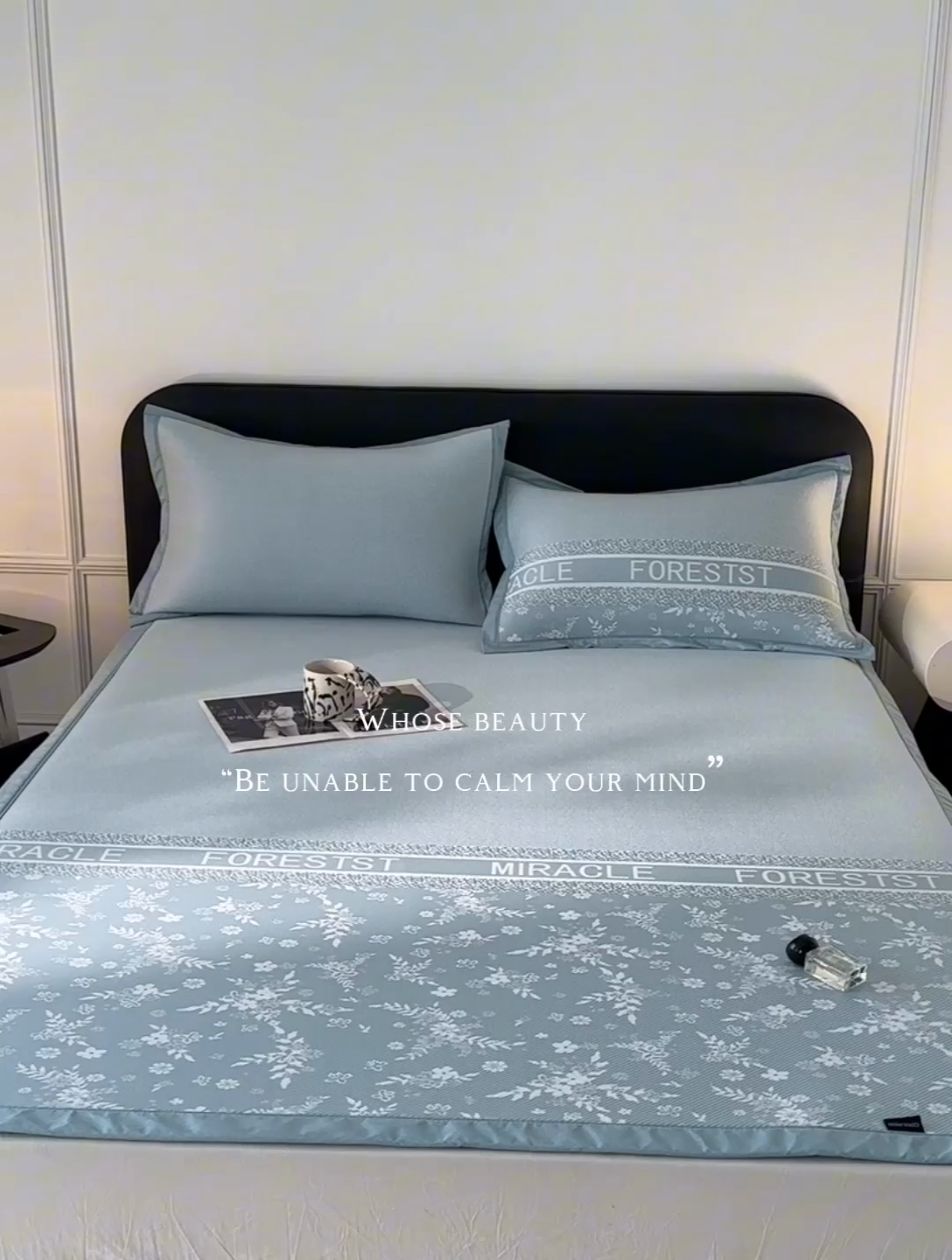 91家纺网 家纺一手货源 找家纺 慕尚家纺 2025春夏新款凉感冰丝提花凉席三件套 海棠 蓝