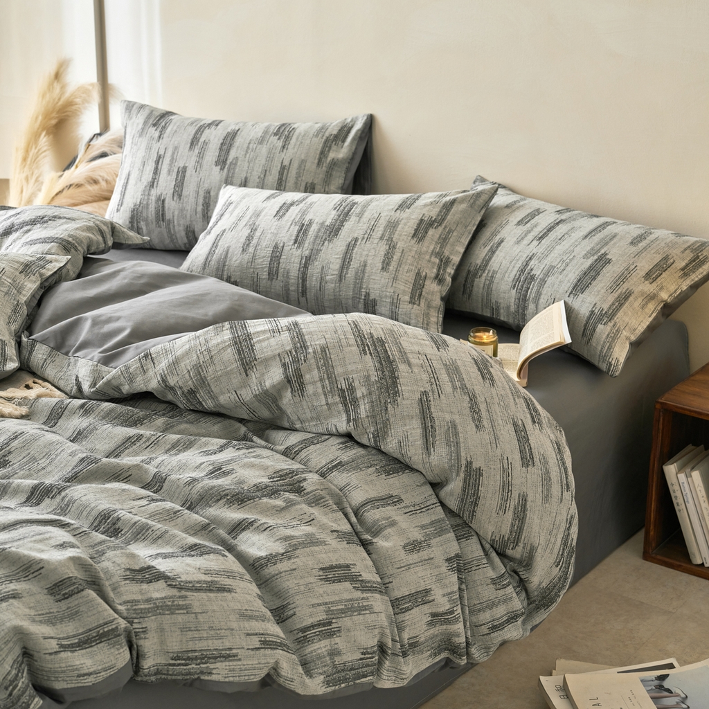 91家纺网 家纺一手货源 找家纺 金丝鸟2025新款全棉纯棉三层纱提花四件套 树影灰