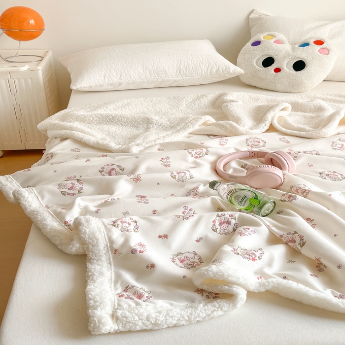 91家纺网 家纺一手货源 找家纺 857家居 2025新款双层针织纱羊羔绒毛毯 梦幻花园