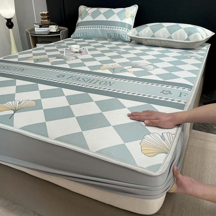 2025新款印花冰丝凉席反面无纺布 冰丝-床笠款-银杏叶