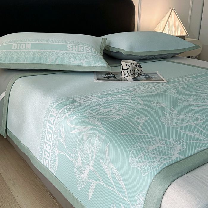 91家纺网 家纺一手货源 找家纺 慕尚家纺 2025春夏新款凉感冰丝提花凉席三件套 水仙 绿