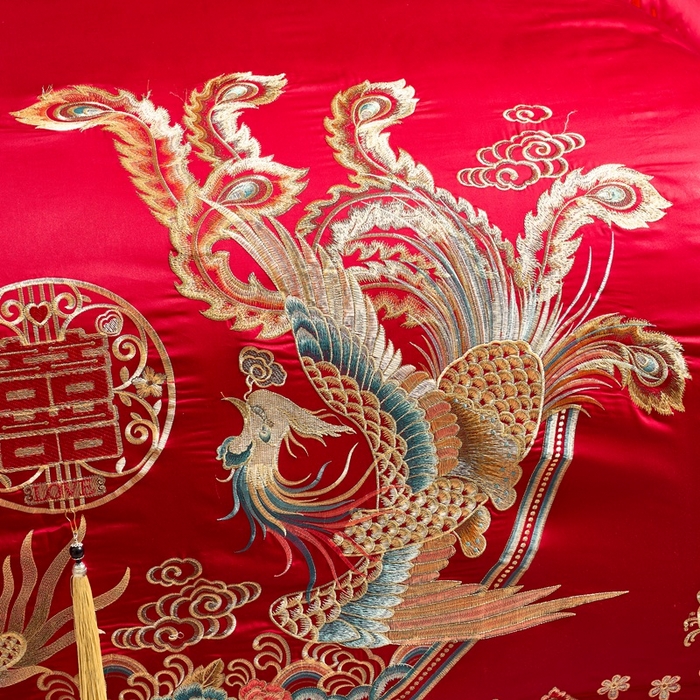 91家纺网 家纺一手货源 找家纺 慕她家纺 慕她婚庆四件套大红色磨毛亲肤棉刺绣结婚工艺款床上用品 龙凤情缘