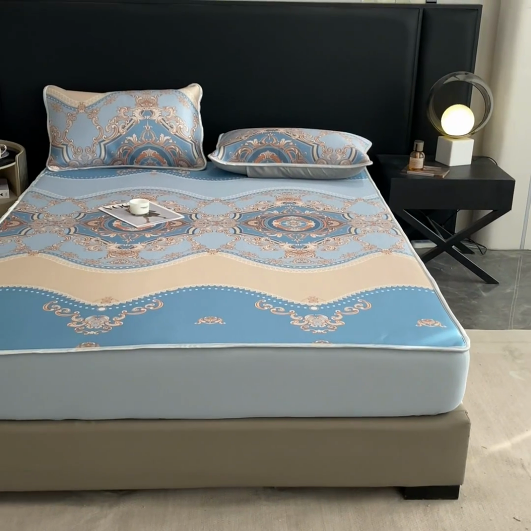 91家纺网 家纺一手货源 找家纺 2025新款印花冰丝凉席反面无纺布 冰丝-床笠款-雅典蓝