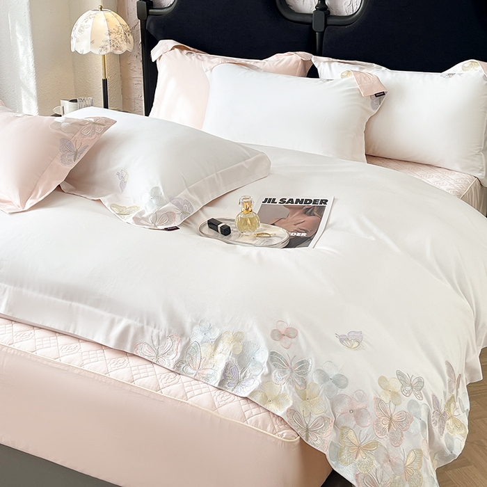 91家纺网 家纺一手货源 找家纺 直播爆款A类100支长绒棉夹棉床盖床笠四件套全棉纯棉床单加厚高端重工刺绣四季款床上用品 茉婉-白粉