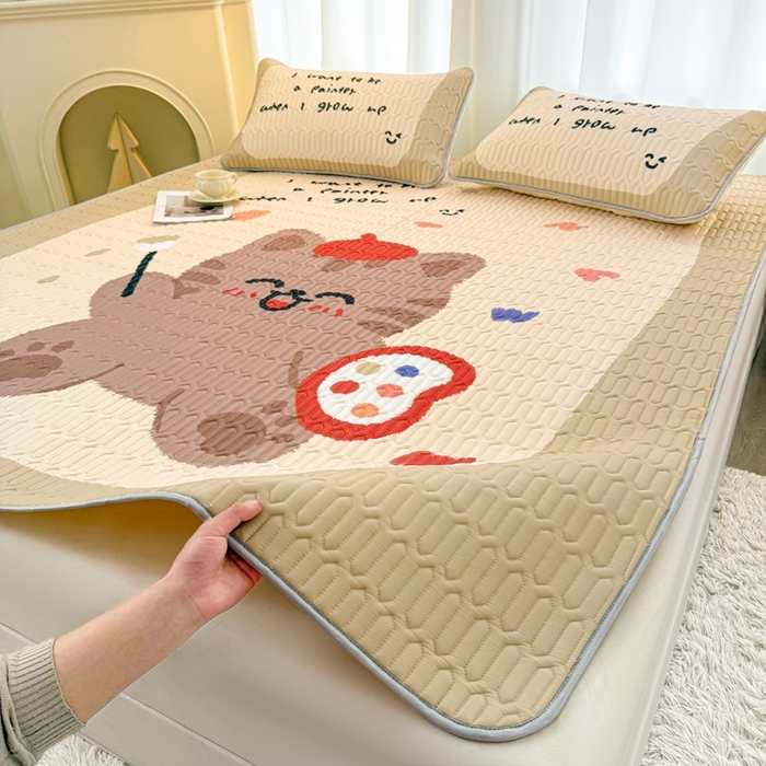 91家纺网 家纺一手货源 找家纺 希廷顿 2025新款大版印花乳胶凉席三件套 猫咪画家