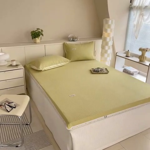 91家纺网 家纺一手货源 找家纺 眠博士 2025新款A类学生床全棉华夫格床垫套 全棉华夫格床垫套 果绿